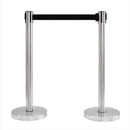 VIC CROWD CONTROL INC VIP Crowd Control 1118 14 in. Flat Base Satin Stainless Post & Cover Retractable Belt Stanchion - 6.5 ft. Black Belt 1118